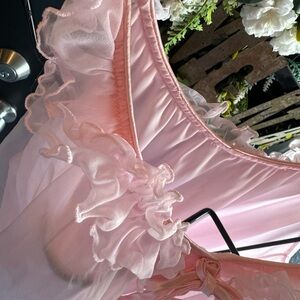 Vintage 1960s Intime Pink Dbl Nylon baby doll Nightgown L Fullsweep 88” …